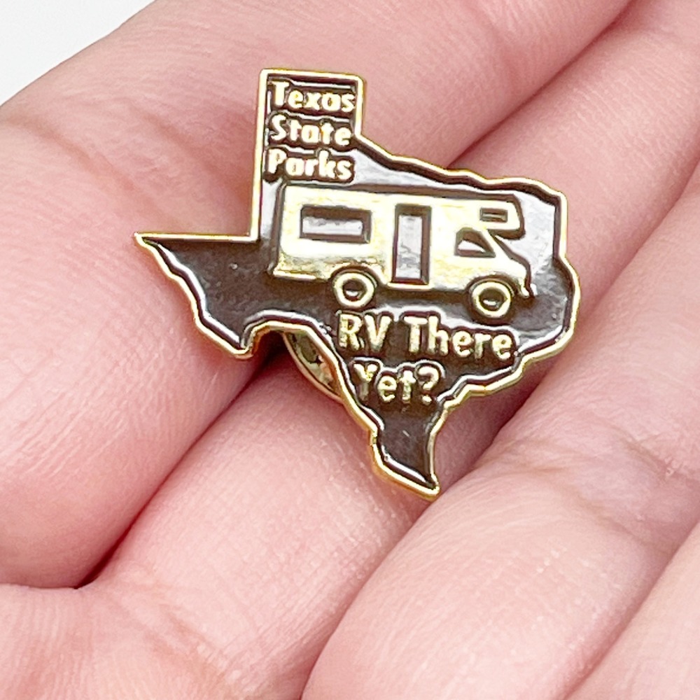 Vintage Brown Gold Tone Enamel Pin RV There Yet Texas State Parks Collectible